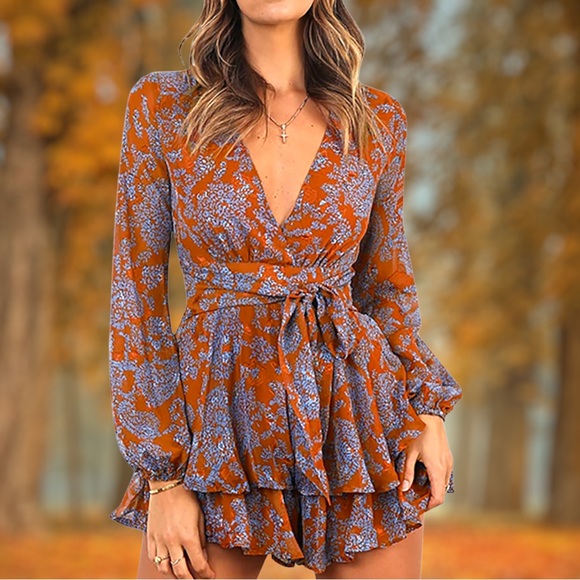 Floral Print Deep V-Neck Romper Double Layer Ruffle Waist Tie Romper, L - BNWOT - Picture 2 of 9